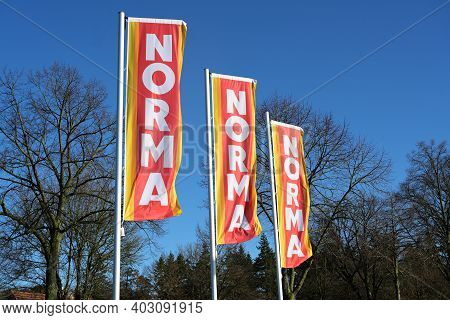Ratzeburg, Germany, January 12, 2021: Advertising Flags With The Logo Of The Supermarket Norma Again