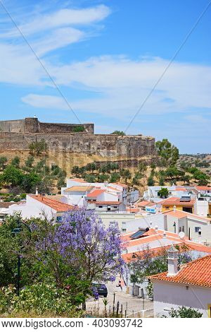 Castro Marim, Portugal - June 11, 2017 - Elevated View Of The Castle And Town Buildings With A Prett