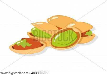 Group Of Pistachios Nuts In Cartoon Style Isolated On White Background. Cracked Nutshell With Green 