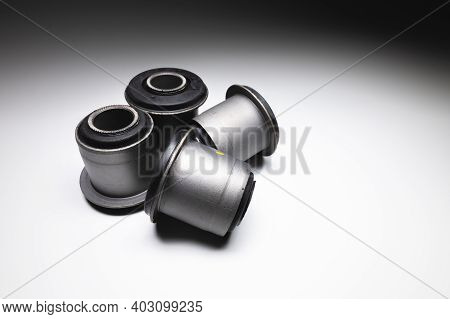 Close-up Wide Angle. A Group Of Cylindrical Silent Blocks For The Rear Suspension Of An Off-road Veh