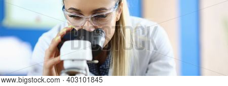 Close-up Of Laboratory Assistant Doing Analysis Of Samples. Worker Examining Dna Components In Micro