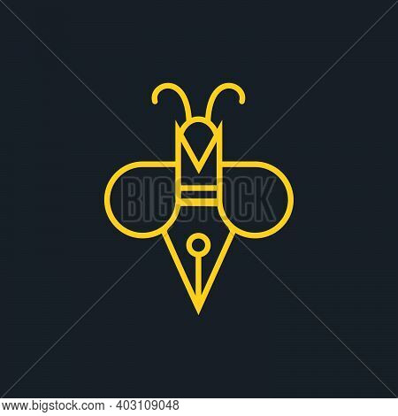 Writer Bee Logo. Pen With Bee Concept With Monoline Style Logo Design