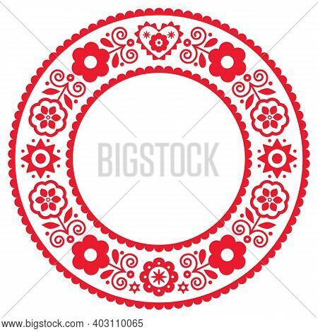 Polish Folk Art Vector Round Mandala Design With Flowers And Heart Inspired By Traditional Highlande