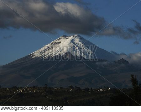 Panorama View Of Stratovolcano Cotopaxi White Snow Capped Volcanic Mountain Seen From Latacunga Ecua