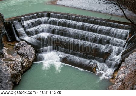 Long Exposure Panorama Of Lechfall Cascade Weir Low Head Dam Waterfall Lech River Fuessen Fussen Bav