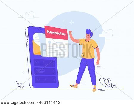 Newsletter Subcription Online On Mobile App. Flat Vector Illustration Of Smiling Man Approving A Big