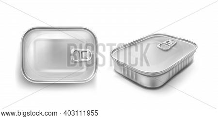 Sardine Tin Can With Pull Ring Mockup Top And Angle View. Food Metal Jar With Closed Lid, Silver Col