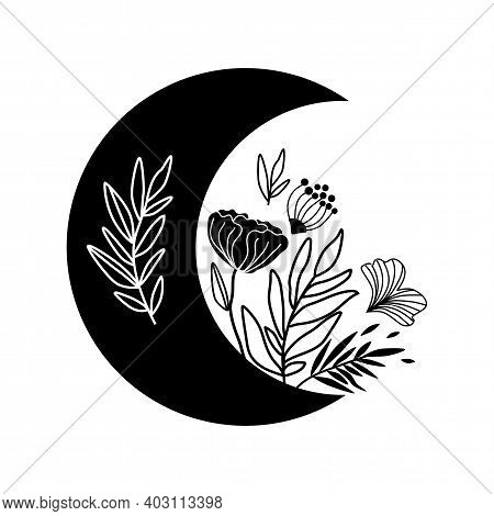 Floral Moon Logo. Beauty Black Moon Tattoo. Celestial Crescent Isolated. Hand Drawing Moon With Flow