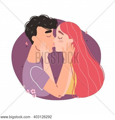 Vector Valentine Card With Cute Characters. Romantic Couple In Love Kissing. World Kissing Day. Clip