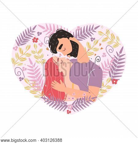 Vector Valentine Card With Cute Characters. Romantic Couple In Love Kissing. World Kissing Day. Clip