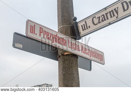 Gdansk, Poland - January 2, 2021: President Lech Kaczynski Street Sign.