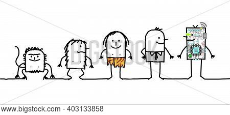 Hand Drawn Cartoon Funny Male Characters And Human Evolution