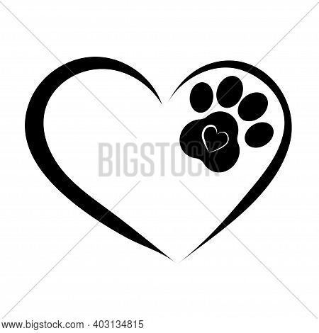 Heart With Dog Paw Isolated On White Background. Black Abstract Symbol Of Love. Silhouette Print Or 