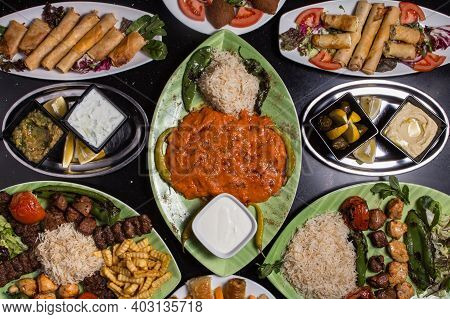 Combined Libaneses Food In Dishes. Top View.