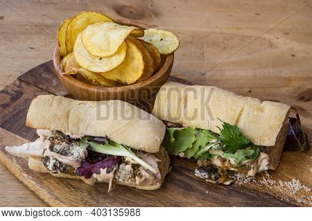 Ciabatta Baguette Sandwiches With Chicken And Vegetales.
