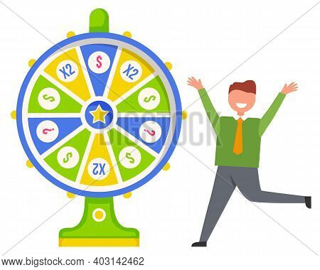 Game Fortune Wheel Concept. Man Playing Risk Game With Fortune Wheel And Lottery. Casino And Gamblin
