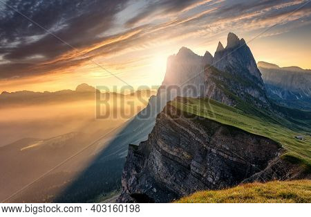 Breathtaking Alpine Highlands In Sunny Day. Impressively Beautiful Odle Mountain Range, Seceda Peak 