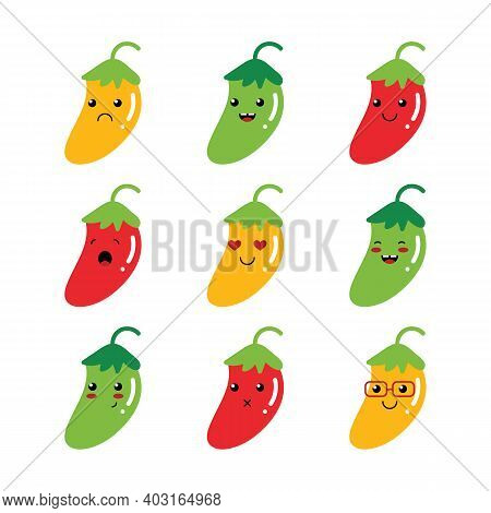 Set, Collection Of Cute Vector Cartoon Chili Pepper Characters, Emoji Isolated On White Background.