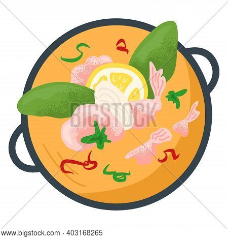 Bowl Orange Broth With Green Leaf, Lemon Slice And Pink Shrimp, Concept Restaurant Foodstuff Flat Ve