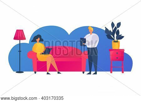 Woman Character Hold Digital Moden Laptop, Man Use Device Tablet, People Together Communication Flat