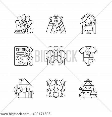 Party Linear Icons Set. Thanksgiving Tradition. Birthday Cone Hats. Wedding Reception. Game Night. C