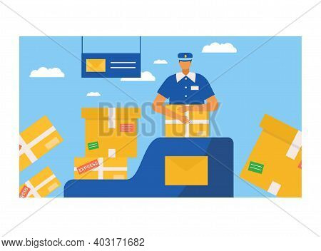 Postman Character Packaging Postal Parcel, Professional Mailman Incase Pasteboard Box Flat Vector Il