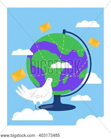 Concept Global Delivery Post Service, Carrier Pigeon Sitting Near Globe, Mail Operation Flat Vector 