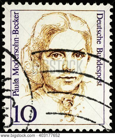 Moscow, Russia - January 11, 2021: Stamp Printed In Germany Shows Portrait Of German Painter Paula M