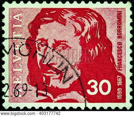 Moscow, Russia - January 12, 2021: Stamp Printed In Switzerland Shows Portrait Of Italian Architect 