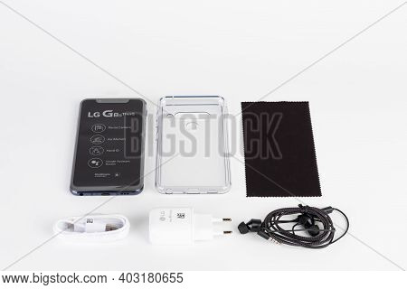 Brnenec, Czech Republic - January 20, 2020: Unboxing Of Touchscreen Smartphone  Lg G8s Thinq, .silic