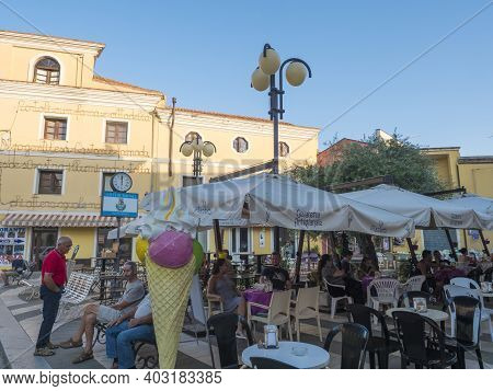 Tortoli, Sardinia, Italy, September 9, 2020: View Of Piazza Roma Square At Old Town Of Tortoli With 