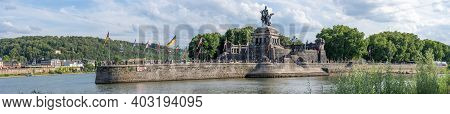 Koblenz, Germany - Aug 1, 2020:panoramic View Of Deutschees Eck Equestrian Statue Full Of Tourists I