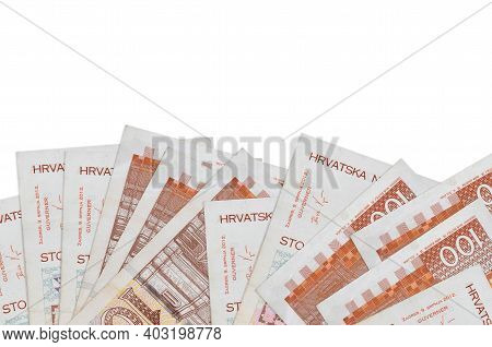 100 Croatian Kuna Bills Lies On Bottom Side Of Screen Isolated On White Background With Copy Space. 