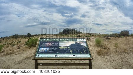 Malpatida De Caceres, Spain - Sept 13th, 2019: Sign Post Pointing Where Took Place The Recording Of 