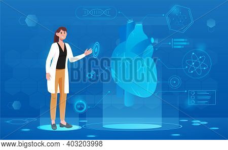 Female Scientist Examines Futuristic Medical Hologram Of Human Heart. Heart Model Screening Ar Inter