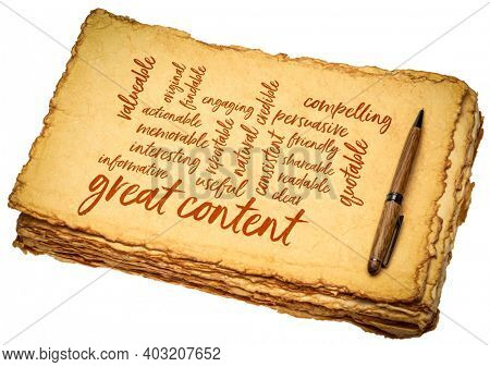 great content word cloud - handwirting on a handmade paper, media and communication concept
