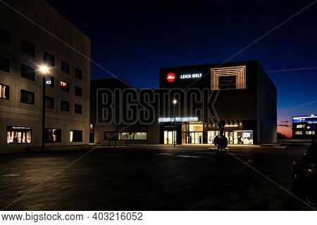 Wetzlar, Germany-2020-08-27: Leica World At Night In Wetzar. Leica Camera Ag Is An International Pre