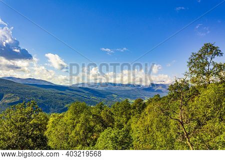 Mountain And Forest Landscape Panorama At Sunny Day Vang Norway.