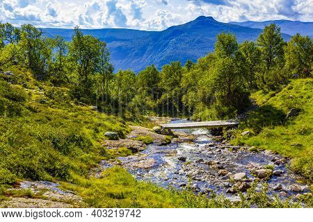 Amazing Norwegian Landscape With Beautiful River Waterfall In Vang Norway.
