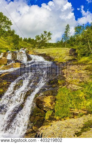 Amazing Norwegian Landscape With Beautiful River Waterfall In Vang Norway.