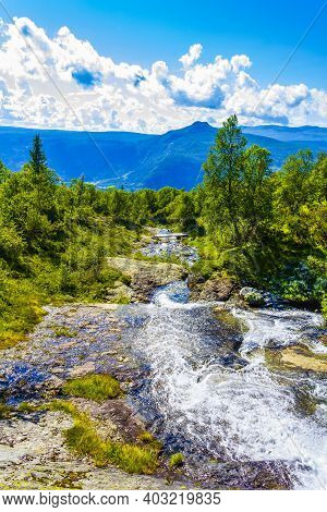 Amazing Norwegian Landscape With Beautiful River Waterfall In Vang Norway.