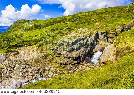 Amazing Norwegian Landscape With Beautiful River Waterfall In Vang Norway.