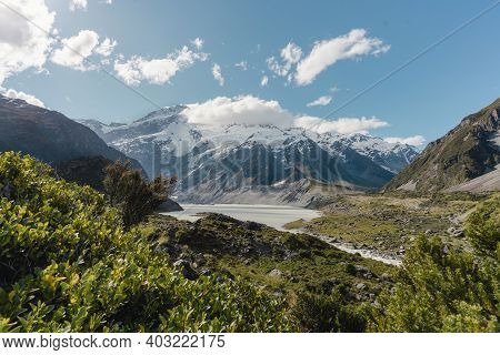 Lake Mueller Lookout In Aoraki, Mount Cook National. New Zealand Travel Destination