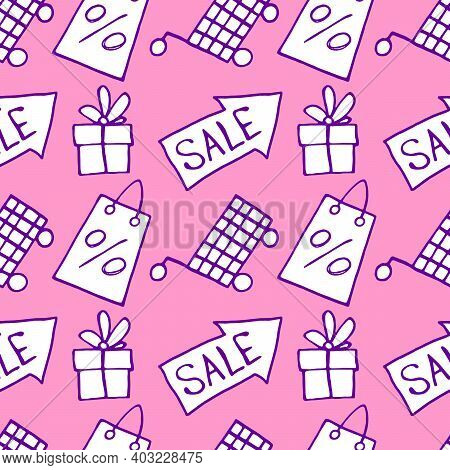 Vector Seamless Pattern With Inscriptions And Symbols Sale. Hand Drawn Background And Texture On The