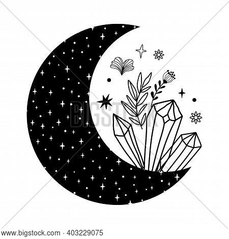 Floral Moon With Crystals Logo. Beauty Black Moon Tattoo. Celestial Crescent Isolated. Hand Drawing 
