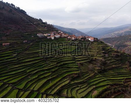 Aerial Panorama Of Green Agriculture Farming Terraces Old Remote Rural Mountain Village Town Padrao 