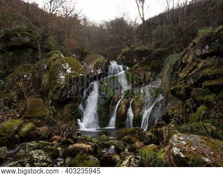 Panorama Of Green Nature Landscape Waterfall Near Remote Rural Mountain Village Town Porta Cova And 