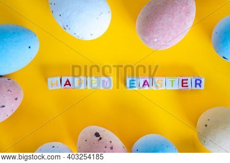 Easter Greeting Card With Painted Eggs. Seasonal Easter Message Happy Easter. Pastel And Colorful De
