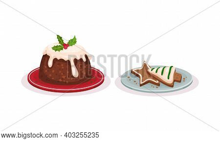 Sweet Treat And Dessert With Sugar Glazed Muffin And Gingerbread Cookie On Plate Vector Set