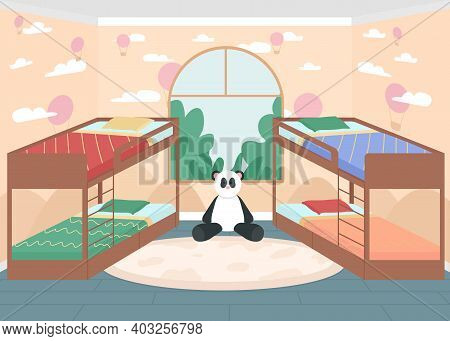 Children Bedroom Flat Color Vector Illustration. Preschool Room For Daytime Sleep Time For Kids. Nur